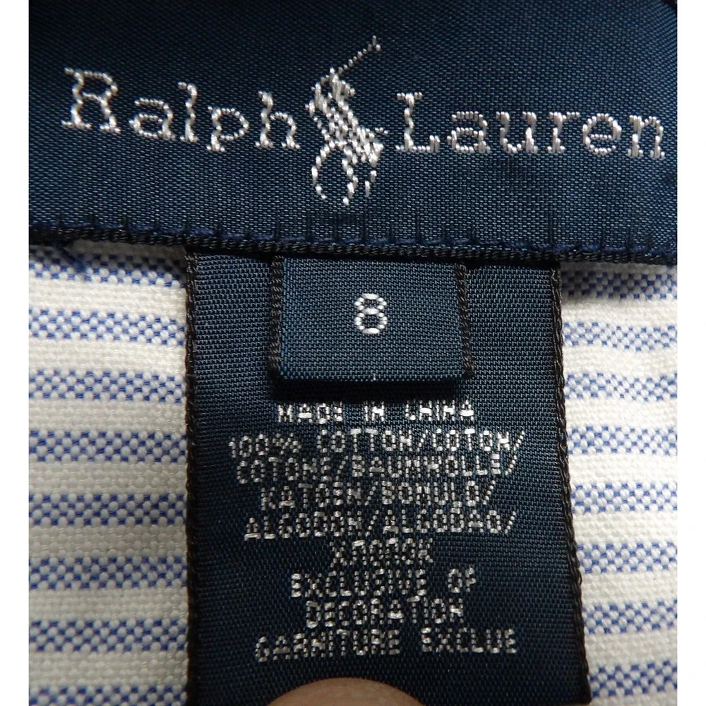 Ralph Lauren Boys Stripe Oxford Shirt Cotton Button Down 8 Light Blue White Pony